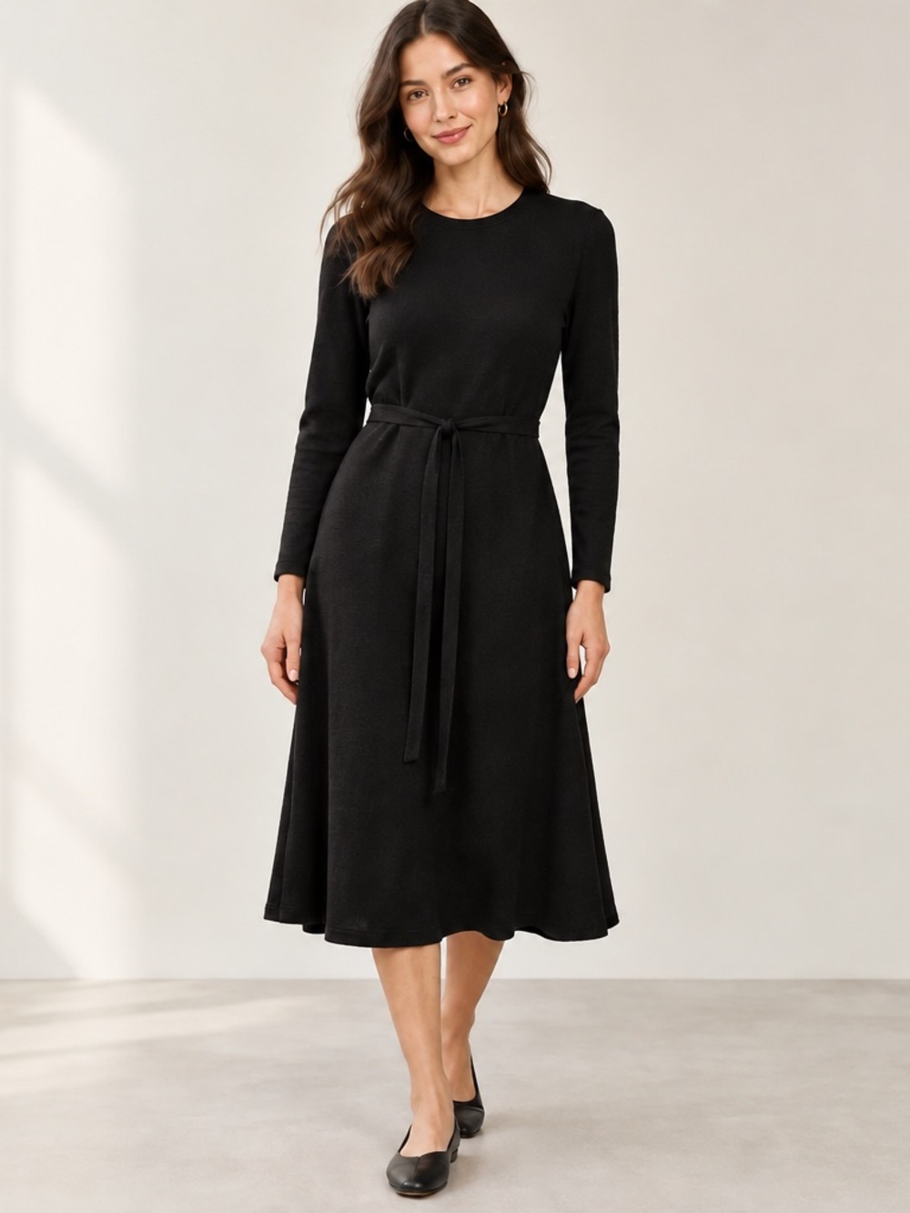 Eliza J Black Long Sleeve Knit Dress Size XL Tie Waist Midi NWOT Minimalist